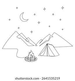 Continuous one line drawing of tent and campfire. Vector illustration
