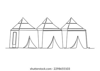 Área de carpas de dibujo de una línea continua. Concepto de Hajj y umrah. Ilustración gráfica vectorial de diseño de líneas simples.