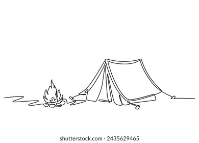 Continuous one line drawing of tents and resting equipment when climbing. Business, success, leadership, achievement and goal concept. Single line draw design vector illustration