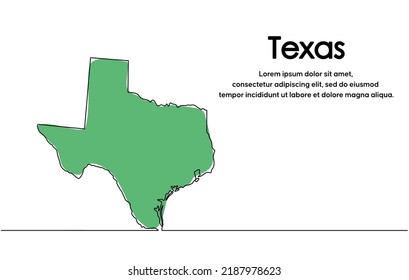 Dibujo continuo de una línea del mapa de texas. el mapa de texas se puede usar para la educación, viajar a través de ciudades estadounidenses, infografía, ciencia, presentaciones web al estilo doodle