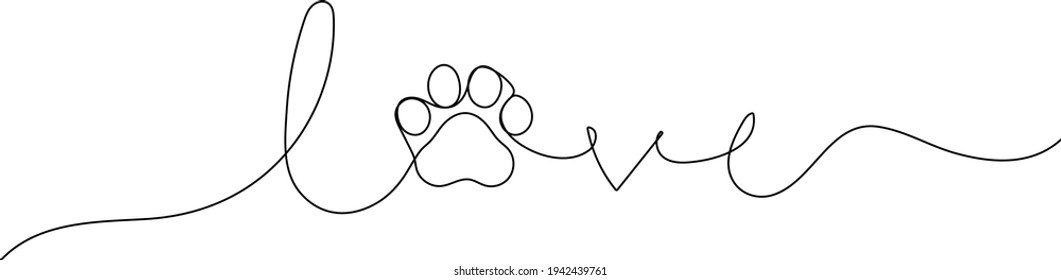 Continuous one line drawing of text Love in cat paw. Pet love concept. Minimalist art.