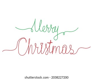 Continuous one line drawing of text merry christmas holiday concept in silhouette on a white background. Linear stylized.