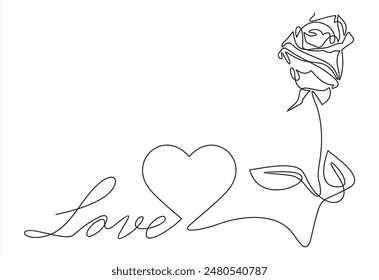 Continuous one line drawing of text "Love" with rose flower and heart. White background.