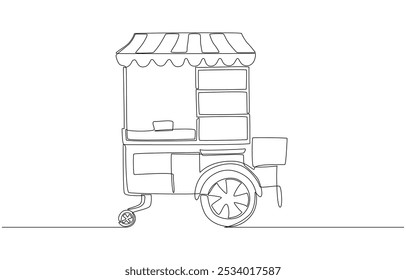 Dibujo continuo de una línea de Carrito tailandés de comida callejera, Carrito vendiendo alrededor, stand de comida en el concepto de mercado semanal, arte de una sola línea.