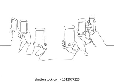 Continuous one line drawing In their hands phones smartphones. Six right hands holding smartphones directed by cameras to an empty center. Can be used for animation, as a mock up. Black line on white