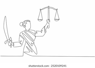 Dibujo continuo de una línea Temis sostiene una espada en una mano y sostiene escamas en la otra. El concepto de justicia de derecho. Día Mundial de la Justicia Social. Ilustración vectorial de diseño de dibujo de línea única