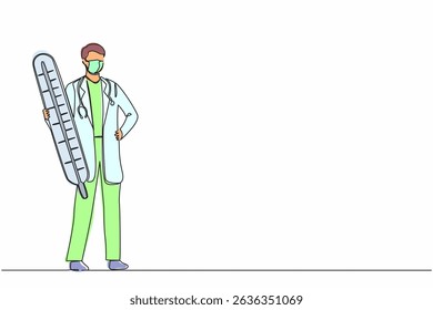 Continuous one line drawing therapist doctor with mask on his face carry thermometer in the hospital. Male nurse or doctor in medical outfit with stethoscope. Single line draw design vector graphic