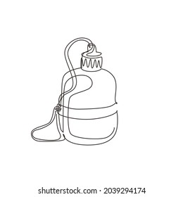 Continuous one line drawing thermal cup and flask, compact drink bottle. Travel equipment, camping, hiking tools. Element for design print, card, sticker. Single line draw design vector illustration