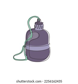 Continuous one line drawing thermal cup and flask, compact drink bottle. Travel equipment, camping, hiking tools. Element for design print, card, sticker. Single line draw design vector illustration