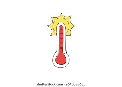 Termômetro de desenho contínuo de uma linha com ponteiro vermelho e sol acima. Fique em casa durante o tempo muito quente. Onda de calor. Aviso. Dia Nacional de Sensibilização para o Calor. Ilustração de vetor de design de desenho de linha única