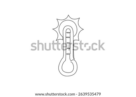 Continuous one line drawing thermometer with red pointer and sun above. Stay home during very hot weather. Heatwave. Warning. National Heat Awareness Day. Single line draw design vector illustration