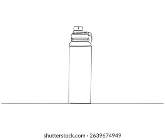 Continuous one line drawing of thermos bottle. One line drawing illustration of tumbler. Water container, fitness, traveling concept single line. Editable outline
