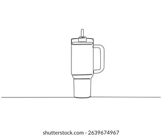 Continuous one line drawing of thermos bottle. One line drawing illustration of tumbler. Water container, fitness, traveling concept single line. Editable outline
