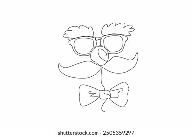 Continuous one line drawing thick eyebrows and moustache, glasses, round red nose and bow tie. Equipment to become an entertaining clown. Red Nose Day. Single line draw design vector illustration