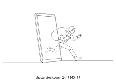 Continuous one line drawing of thief running from smartphone screen with money bag, call center scammer problem concept, single line art.