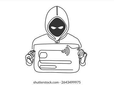 Dibujo continuo de una línea de un pirata informático ladrón. Hackear un ataque de phishing. Ladrón de Internet, suplantación de datos de tarjetas de crédito. Dibujado a mano un Vector de línea. Trazo editable