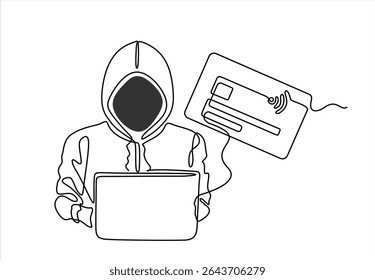 Continuous one line drawing of a thief hacker. Hacking phishing attack. Internet Thief, credit card data phishing. Hand drawn one line vector. Editable stroke 