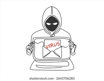 Continuous one line drawing of a thief hacker. Laptop with virus, piracy, hacking. Hand drawn one line vector. Editable stroke
