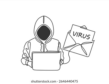 Durchgehende einzeilige Zeichnung eines Diebstahlhackers. Laptop mit Viren, Piraterie, Hacking.. Handgezeichneter Vektor mit einer Linie. Bearbeitbarer Strich