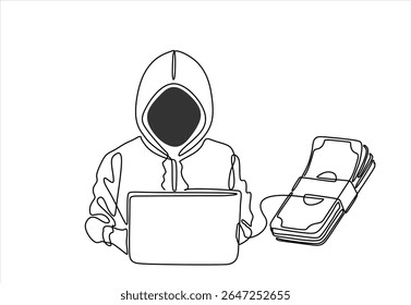 Continuous one line drawing of a Thief hacker. Hacking phishing attack. Internet Phishing, stealing money via the internet. Hand drawn one line vector. Editable stroke