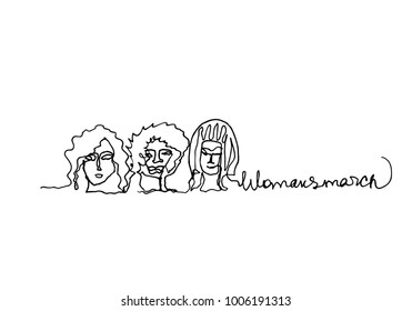 Continuous one line drawing. Three female portrait, afro american, asian, white girl.  Minimalistic style.Text Women's march. Vector Ink illustration for your design,logo, card, banner, poster, flyer.