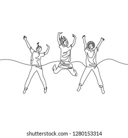 Continuous one line drawing three jumping girls