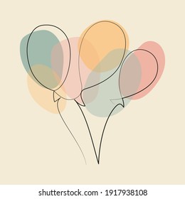 Una línea continua dibujando tres globos de aire sobre fondo abstracto. Ilustración vectorial Dibujo manual para logotipo, icono, afiche, tarjetas de felicitación. Diseño de moda, colores suaves