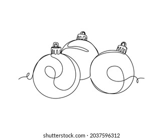 Continuous One Line Drawing Of Three Christmas Decoration Ball Icon In Silhouette On A White Background. Linear Stylized.