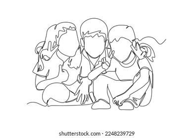 Continuous one line drawing Three little friends embrace. Hangouts With Friends concept. Single line draw design vector graphic illustration.