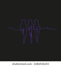 Continuous one line drawing. Three seating Birds from neon violet line on black background. Concept for logo, card, banner, poster, flyer.