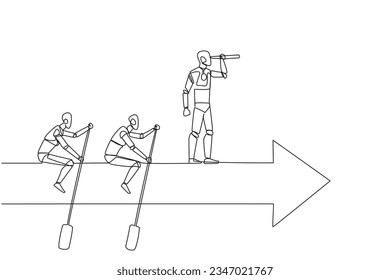 Continuous one line drawing three robots ride arrows. Teamwork with two of them rowing, the rest standing up using binoculars. Future tech development. Single line draw design vector illustration