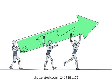Continuous one line drawing three robots raised the big arrow together. With great teamwork making graphics can improve. Machine learning process concept. Single line draw design vector illustration
