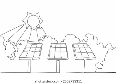 Línea continua que dibuja tres Grandes paneles solares en el parque de la ciudad. Energía renovable respetuosa con el medio ambiente. Respetuoso del medio ambiente. Día de Apreciación Solar. Ilustración vectorial de diseño de dibujo de línea única