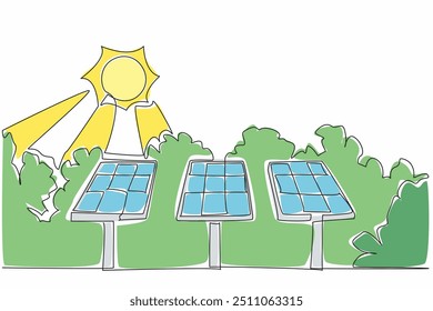 Línea continua que dibuja tres Grandes paneles solares en el parque de la ciudad. Energía renovable respetuosa con el medio ambiente. Respetuoso del medio ambiente. Día de Apreciación Solar. Ilustración vectorial de diseño de dibujo de línea única