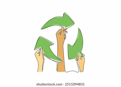 Continuous one line drawing three hands make a recycle symbol. Sign. Arrow. Care. An invitation to use something that can be recycled. Global Recycling Day. Single line draw design vector illustration