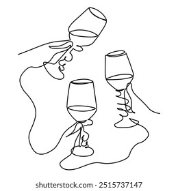 Desenho contínuo de uma linha de três copos de vinho tinto Conceito linear minimalista de celebrar