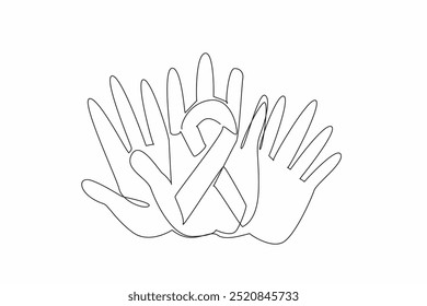 Continuous one line drawing three overlapping palms in campaign colors. Collective strength. Resilience. Hope. Support. Empathy. Unity. Rare Disease Day. Single line draw design vector illustration