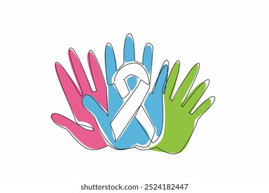 Continuous one line drawing three overlapping palms in campaign colors. Collective strength. Resilience. Hope. Support. Empathy. Unity. Rare Disease Day. Single line draw design vector illustration