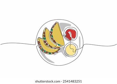 Continuous one line drawing three tacos served with two bowls of sauce on a round plate. Chili sauce. Mayonnaise. Addictive. National Crunchy Taco Day. Single line draw design vector illustration