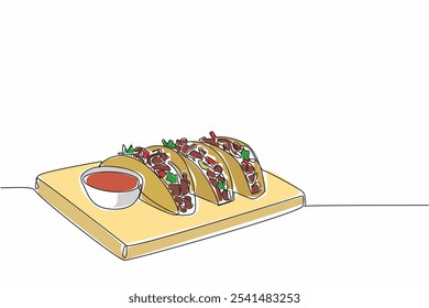 Continuous one line drawing three tacos on cutting board with a small bowl. Street food snack with restaurant-style presentation. National Crunchy Taco Day. Single line draw design vector illustration