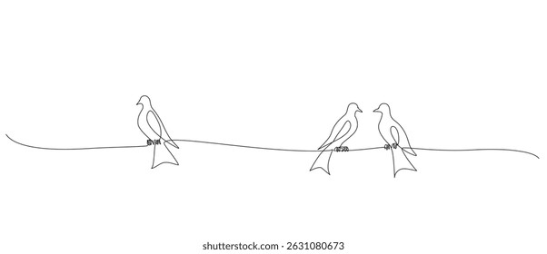 Continuous one line drawing of three birds on a wire, symbolizing social interaction, connection, and isolation. Minimalist vector style. Editable stroke