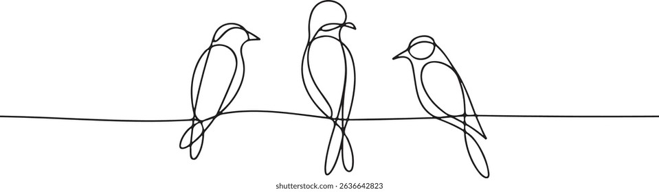 Continuous one line drawing of three minimalist birds perched on a horizontal line in a modern, stylized black and white composition
