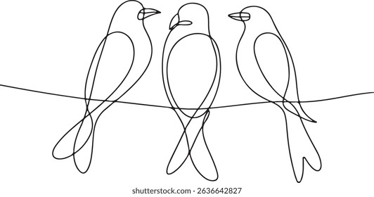 Continuous one line drawing of three minimalist birds perched on a horizontal line in a modern, stylized black and white composition