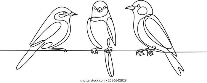 Continuous one line drawing of three minimalist birds perched on a horizontal line in a modern, stylized black and white composition