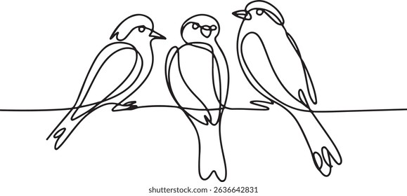 Continuous one line drawing of three minimalist birds perched on a horizontal line in a modern, stylized black and white composition