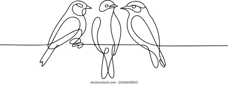 Continuous one line drawing of three minimalist birds perched on a horizontal line in a modern, stylized black and white composition
