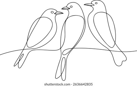 Continuous one line drawing of three minimalist birds perched on a horizontal line in a modern, stylized black and white composition