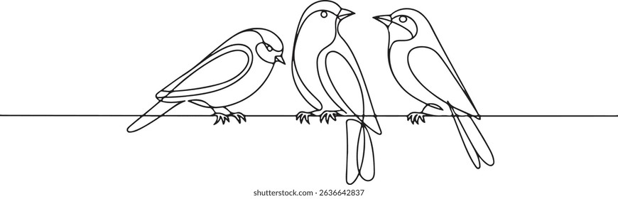Continuous one line drawing of three minimalist birds perched on a horizontal line in a modern, stylized black and white composition