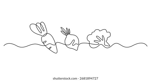 Dibujo continuo de una línea de tres verduras sobre una Ilustración vectorial de fondo blanco