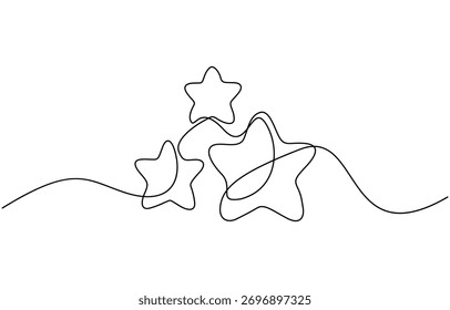 Continuous one line drawing of Three stars vector, Illustration isolated on transparent background. Editable stroke